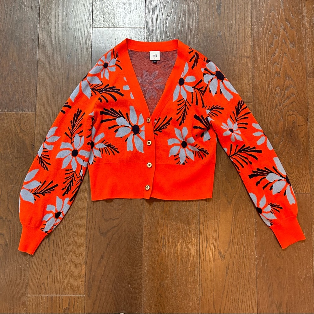 Cabi New Bloom Cardigan #6240 Orange black blue floral Size Small